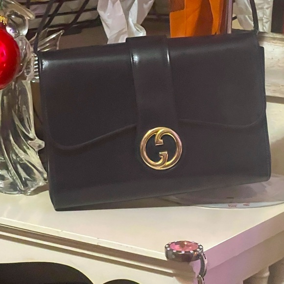 Vintage Gucci GG ring leather long strap shoulder bag dark blue black Bags